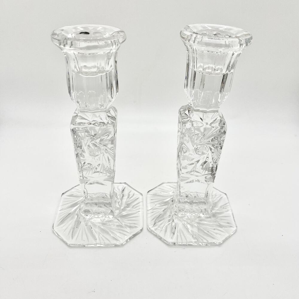 Vintage Violetta Poland Crystal Candlestick Holder Hand Cut Pinwheel 6x3"